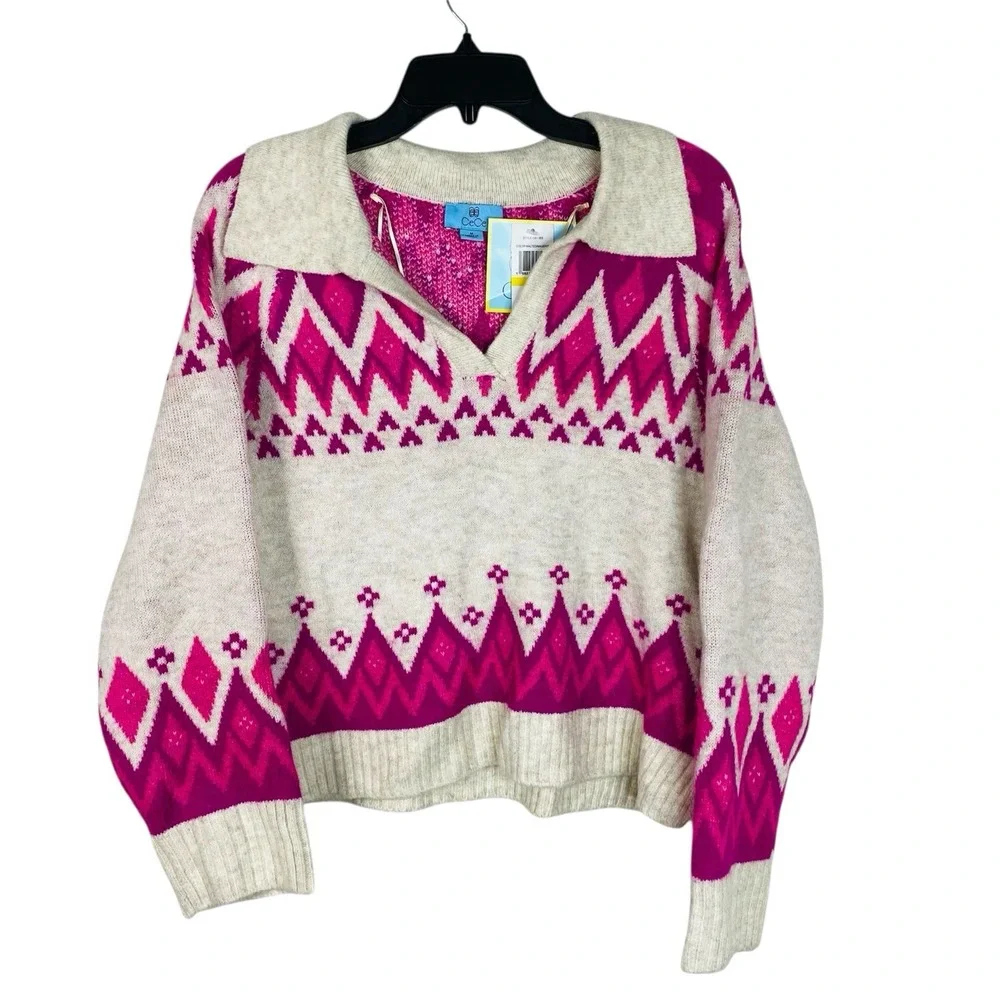 CeCe Women's Medium Collared‎ Fair Isle Sweater Beige/Magenta Long Flare Sleeve